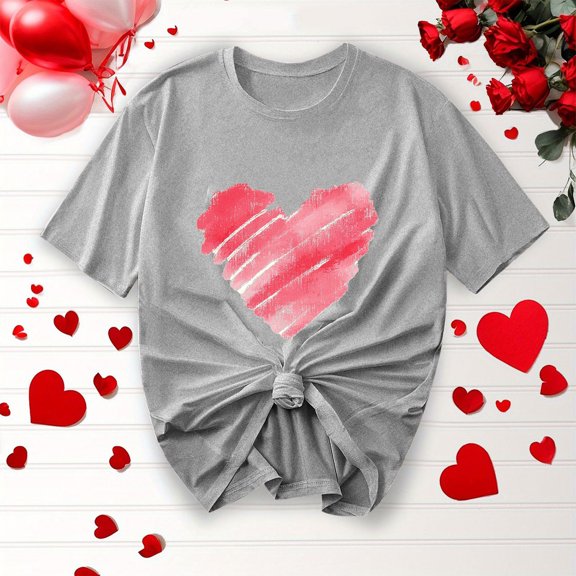 Womens Tops Trendy Crew Neck Short Sleeve Dressy Clothes 2025 Breathable Loose Fit Hearts Print Tunic Tops Blouses for Women Dressy Casual