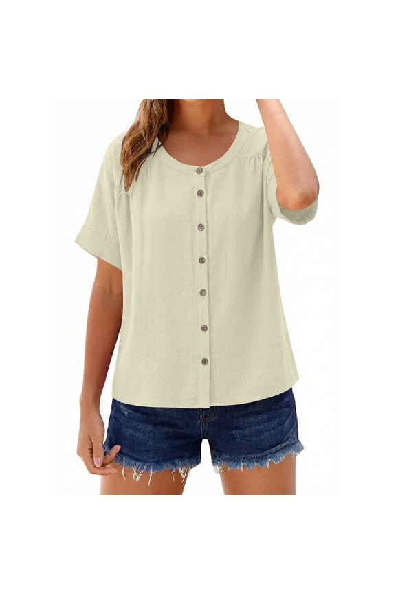 Womens Tops Trendy, Duoif Linen Button Front Top, Lightweight Summer Beach Shirts for Women Light Yellow S