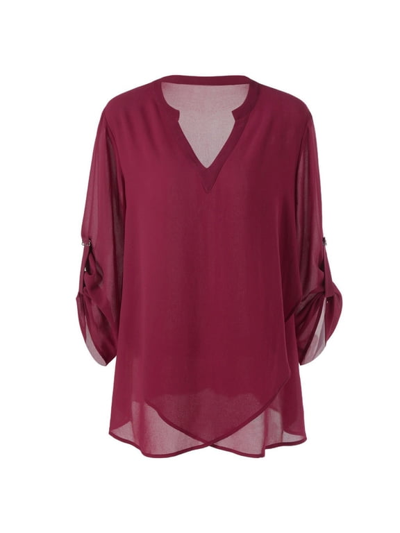 Womens Tops Trendy, Duoif Plus Size V-Neck Chiffon Blouse, Flowy Sleeve Shirts for Women Wine XXXL