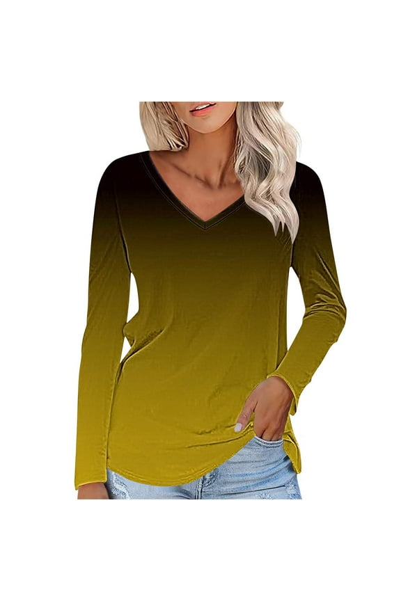 Womens Tops Trendy Fashion Clothes Going Out Gradient Long Sleeve Shirts V Neck Pullover Tunic Tees