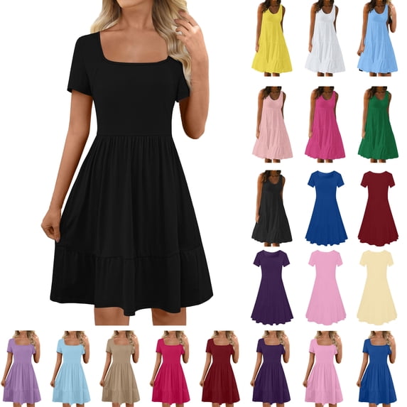 Lenago Women's Plus Size 2025 Summer Dresses Fashion Holiday Summer Solid Color Short Sleeve Party Beach Dress With Pocket