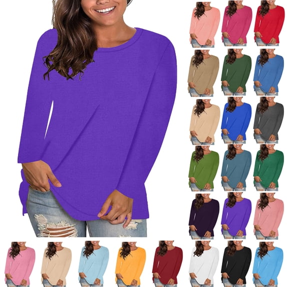 Womens Blouses Plus Size Tops Women's Trendy Fashion Causal Solid Loose Long Sleeve Crew Neck T-shirt Plus Size Pullover Tops Clothes