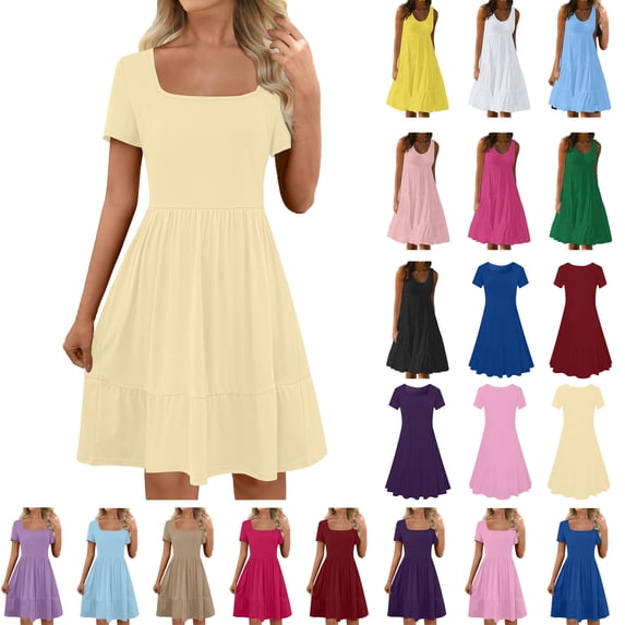 Lenago Women's Plus Size 2025 Summer Dresses Fashion Holiday Summer Solid Color Short Sleeve Party Beach Dress With Pocket