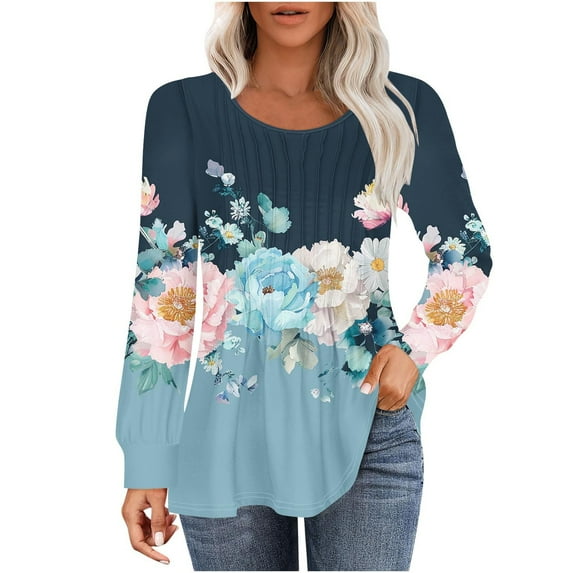Womens Tops Trendy Long Sleeve Loose Blouse Round Neck Pullover Casual T Shirts Floral Printing Fall Sweatshirt