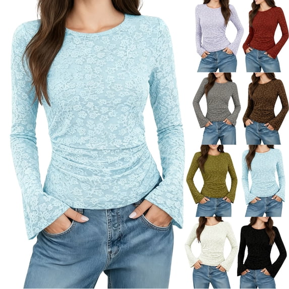 Womens Tops Trendy Long Sleeve Shirts Fall Floral Going Out Tops Slim Base Layer Tops Casual Soft Basic Tee Tops Fall Outfit Clothes