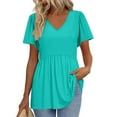 thumbnail image 1 of Womens Tops Trendy, Loose Casual Solid Color V Neck Short Sleeved T-Shirt Top Summer Tops Flattering Hide Tummy Plus Size Tops For Women Basic Woman Business Casual Tops (S, Cyan) ZMTing, 1 of 4