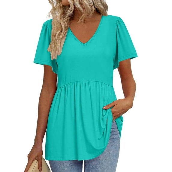Womens Tops Trendy, Loose Casual Solid Color V Neck Short Sleeved T-Shirt Top Summer Tops Flattering Hide Tummy Plus Size Tops For Women Basic Woman Business Casual Tops (S, Cyan) ZMTing