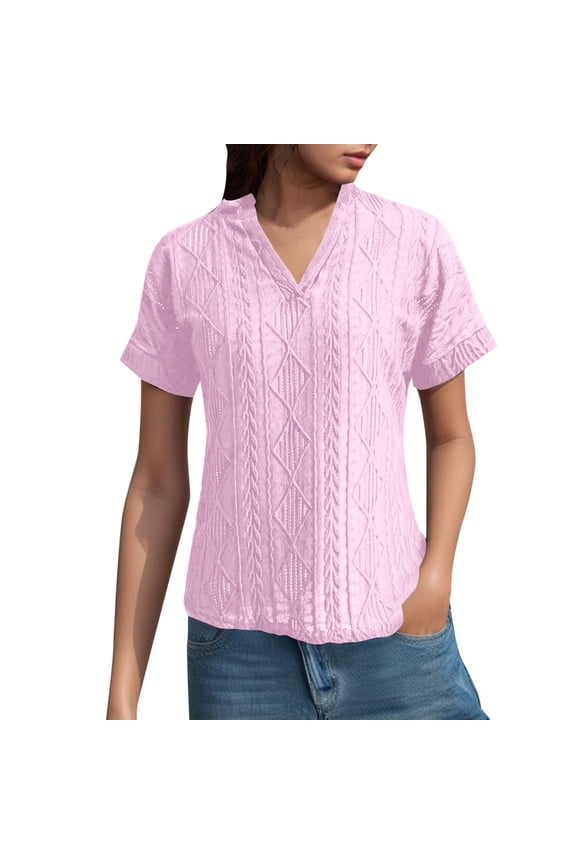Womens Tops Trendy Loose Fit Short Sleeve V Neck Jacquard Kni Womens Spring Shirt,Pink,M