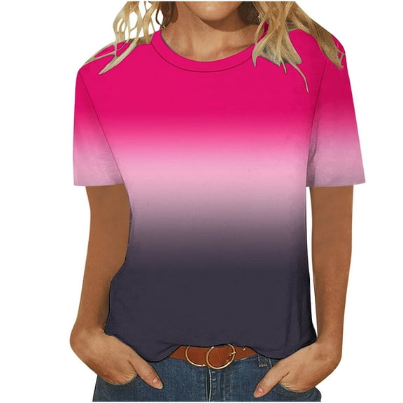Womens Tops Trendy Plus Size Gradient Short Sleeve Shirts for Women Crew Neck Casual Loose Summer T-Shirts (Hot Pink XXL)