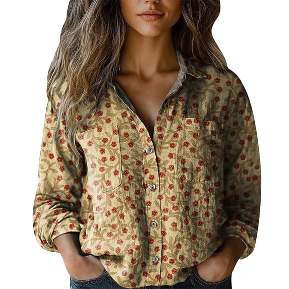 Womens Tops Trendy Print Long Sleeve Cotton Button Blouse Spring Summer Shirts for Women Yellow 5Xl