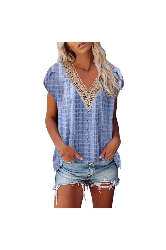 Womens Tops Trendy Printed V Neck Short Sleeve Loose Hollow Womens New Clothing,Blue,2XL