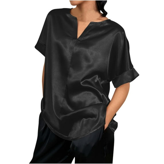 Womens Tops Trendy Sawvnm Women's Cap Sleeve Silk Tops V Neck Satin Blouse Solid Color Elegant Loose Shirts for Women Black S