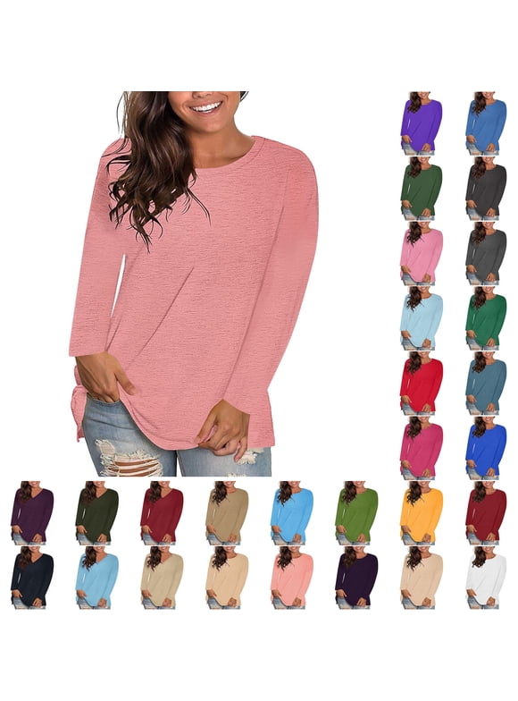 Womens Tops Trendy Sawvnm Women's Fashion Causal Solid Loose Long Sleeve T-shirt Pullover Tops