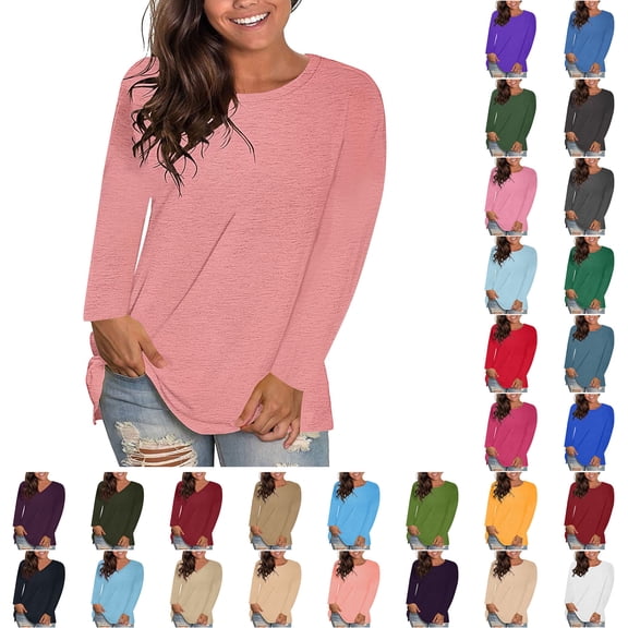 Womens Tops Trendy Sawvnm Women's Fashion Causal Solid Loose Long Sleeve T-shirt Pullover Tops