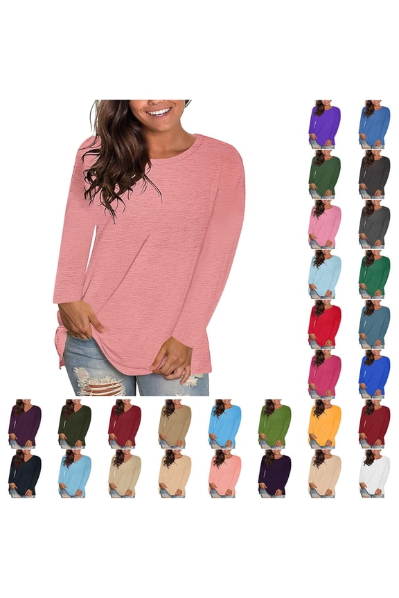 Womens Tops Trendy Sawvnm Women's Fashion Causal Solid Loose Long Sleeve T-shirt Pullover Tops