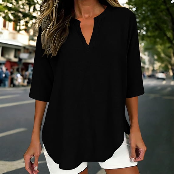 Womens Tops Trendy Sawvnm Women's Fashion For Spring And Summer Imitation And Linen Solid Color V-neck Five Quarter Sleeved Short Sleeved Shirt/top Blouses for Women Black L