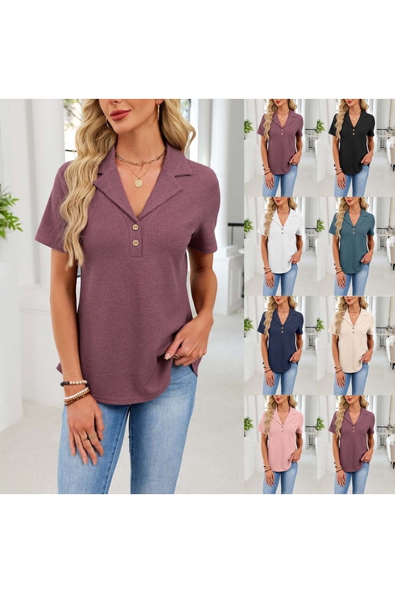 Womens Tops Trendy Sawvnm Women's Solid Color Short Sleeve Blouses Button-Up Turndown Collar Pullover Casual Fashionable Top Blouses for Women Wine XL