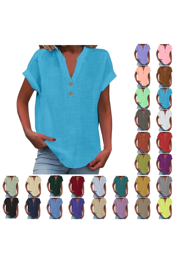 Womens Tops Trendy Sawvnm Women's Tops Fashion Solid Button Shirt Female V-Neck Loose T-shirt Blouse for Women Blue S