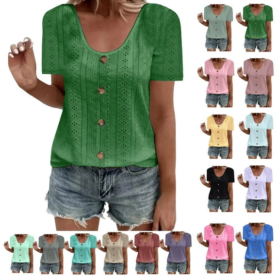 Womens Tops Trendy Ndbuld Womens Fashion Summer Short Sleeve Round-Neck Solid Casaul Tops T-shirt for Women Green S