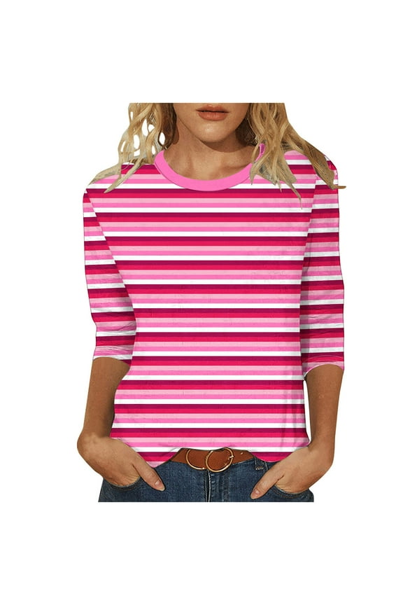 Womens Tops Trendy Sevevn Women's Casual Non Positioning Stripes Printed Round Neck 3/4 Sleeve T-Shirt Tops