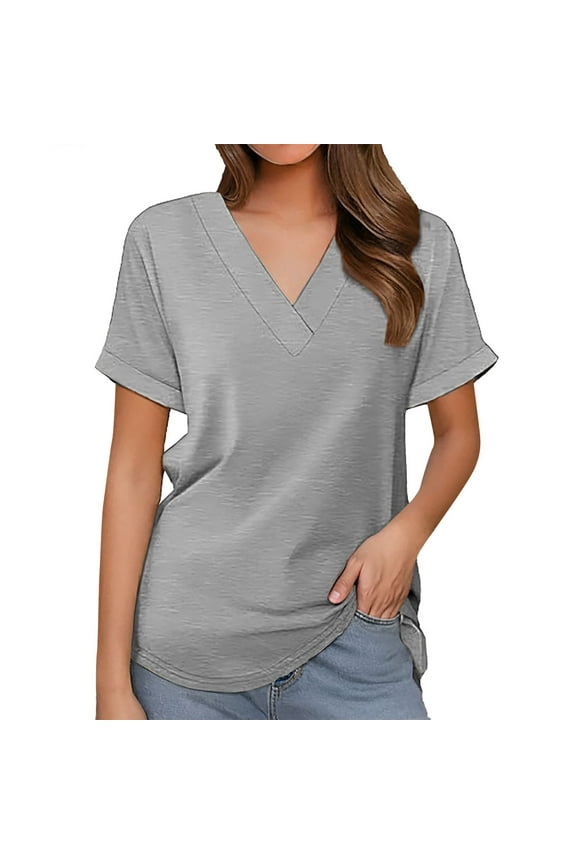 Womens Tops Trendy Short Crop Bat Wing Sleeve Fashion V Neck School Outfits for Teachers,Grey,L