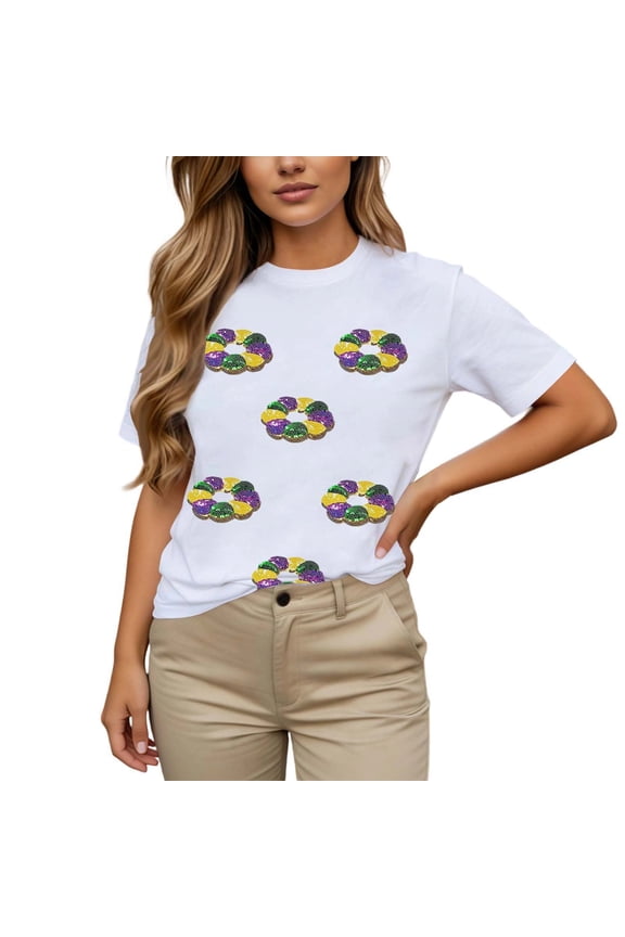 Womens Tops Trendy Short Sleeve Sequinprinted Basic Graphic Petite Clothing for Women,White,L