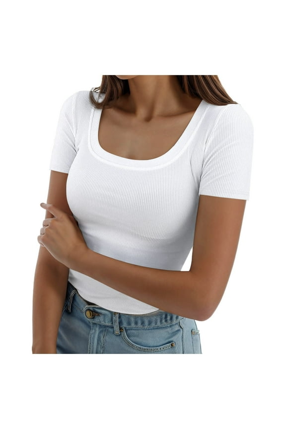 Womens Tops Trendy Short Sleeve Square Neck Slim Fitted T Y2K Tops,White,S