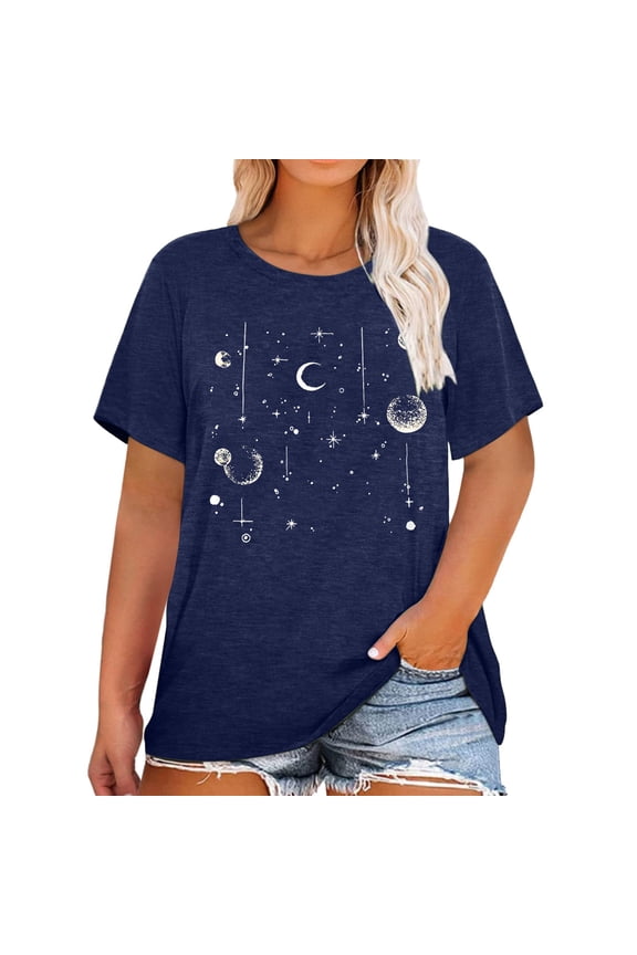 Womens Tops Trendy Short Sleeved Patterned Oversized Petite Tops for Women,Navy,XL
