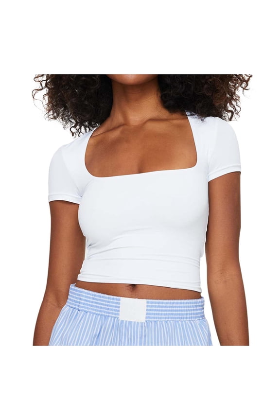 Womens Tops Trendy Slim Fit Solid Color Short Sleeve Square Neckline Womens Blouse,White,XL