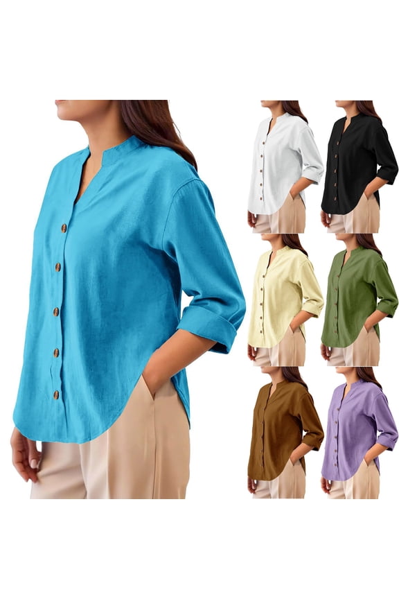 Womens Tops Trendy Solid Color Collar Button Front Cottonblend Ribbed Tops for Women,Army Green,L