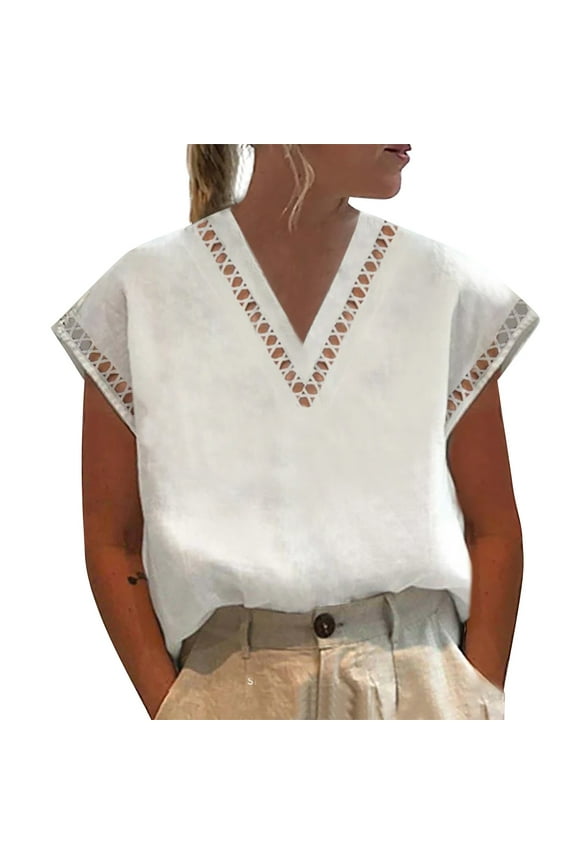 Womens Tops Trendy Solid Color Cut Out Lace Slim Sleeveless Short Sleeve Rugby Shirt for Women,White,2XL