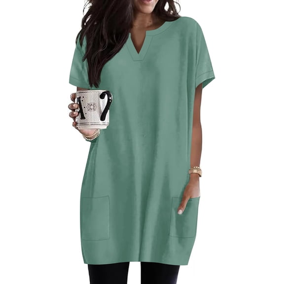 Womens Tops Trendy Summer 2025 with Pockets Tunics to Wear with Leggings Short Sleeve Shirts V Neck Green S