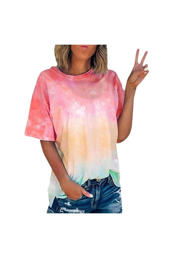 Womens Tops Trendy Tie Dye Tees Short Sleeve Tops Spring Summer Fashion Clothing Round Neck Tee Shirt