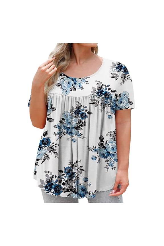 Womens Tops Trendy V Neck Short Sleeve Floral Tunic Petite Tops for Women,BU2,2XL