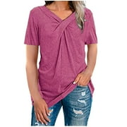 CLESALE Womens Tops Trendy V-Neck Short Sleeve Solid Long T-shirt Blouse Ladies Tops Hot Pink XL