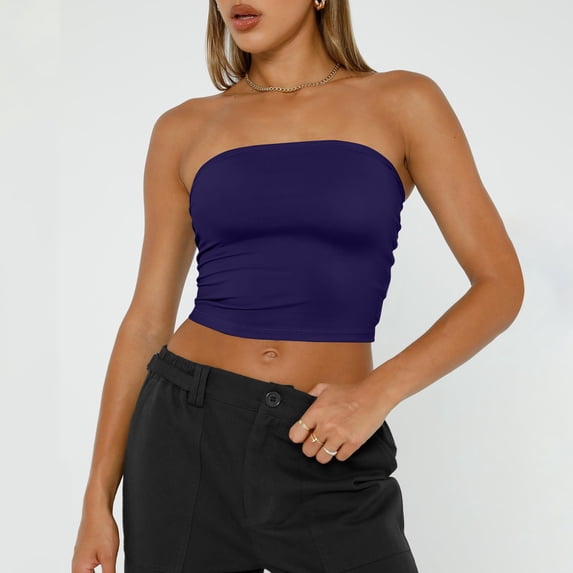 Womens Tops Tube Tops Strapless Crop Tops Basic Backless Sleeveless Bandeau Cute Summer Outfits Sexy Solid Tops Tank Top for Women Plus Size Tops for Women Purple Polyester S