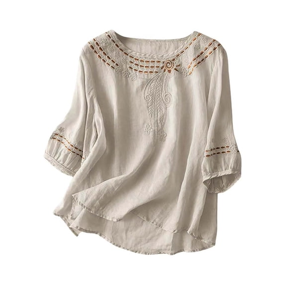 Womens Tops Under $10 Linen Shirts for Women Summer 2025 Boho Embroidered 3/4 Sleeve Tops Crewneck Gauze Clothes Plus Size Outfits Blouses Beige M