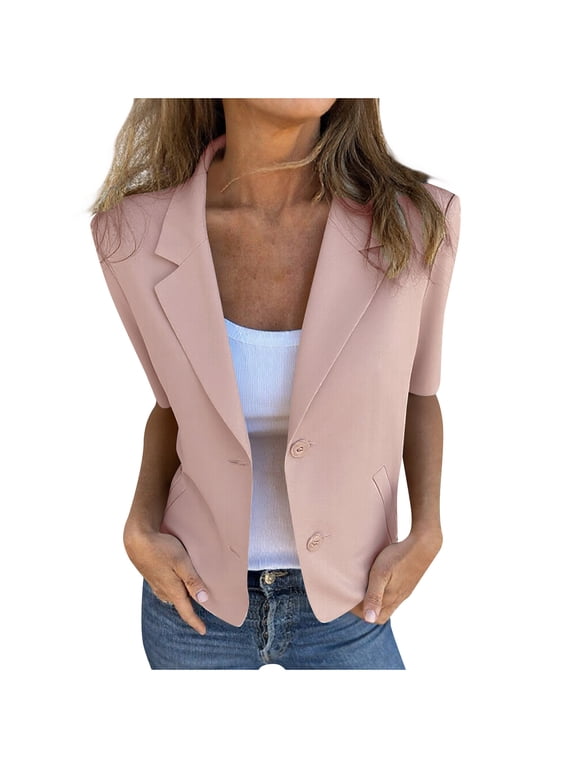 Womens Tops Under $10 Short Sleeve Blazer For Women Lightweight Business Casual Fashion Suit 2025 Summer Lapel Open Front Work Office Jacket Pink S
