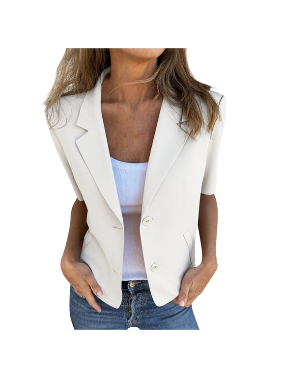 Womens Tops Under $10 Short Sleeve Blazer For Women Lightweight Business Casual Fashion Suit 2025 Summer Lapel Open Front Work Office Jacket White XL