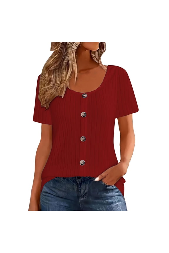 Womens Tops Under $10, Short Sleeve Shirts for Women Henley Button Down Tops Ribbed Knit Slim Fit Shirt Basic Casual Trendy Clothes for Daily