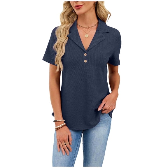 Womens Tops Under $10 Short Sleeve Shirts for Women Henley Button Loose Fit Dressy Casual Lapel Blouses Spring Summer Solid Color Tops Navy L