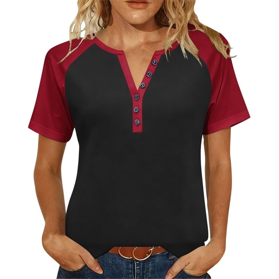 Womens Tops Under $10, Short Sleeve Tops for Women V Neck Button Up Shirt Baseball Raglan Color Block T-Shirts Summer Dressy Casual Blouses
