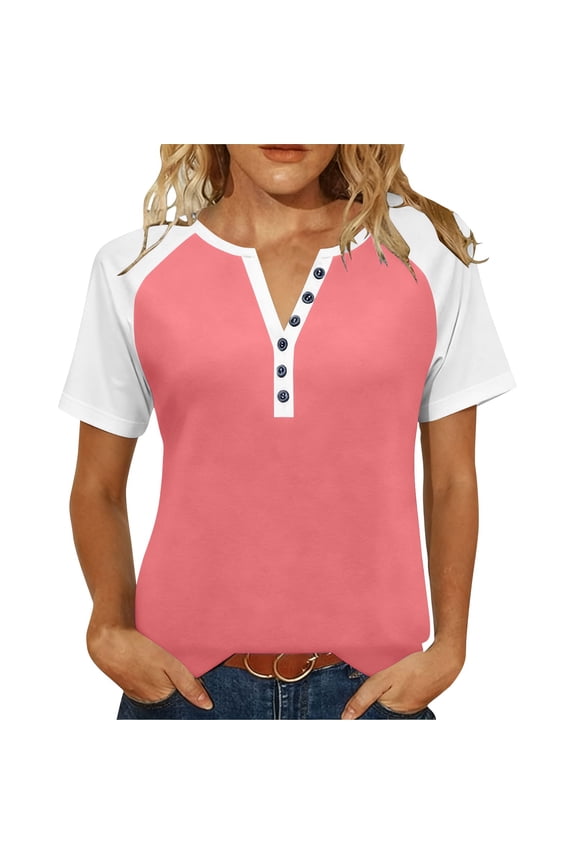 Womens Tops Under $10, Short Sleeve Womens Tops Cotton Dressy Button V Neck Henley Shirt Casual Raglan Shirts Color Block Tunic Blouses
