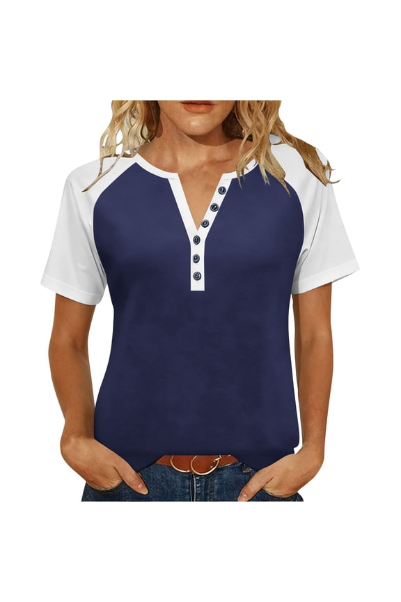 Womens Tops Under $10, Short Sleeve Womens Tops Cotton Dressy Button V Neck Henley Shirt Casual Raglan Shirts Color Block Tunic Blouses
