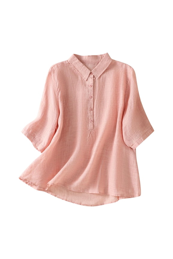 Womens Tops Under $10 - Summer Boho Top for Women Cotton Linen Button Long Sleeve Shirt Vintage Blouse Tees Loose Casual Peasant Tunics Tops Pink XL