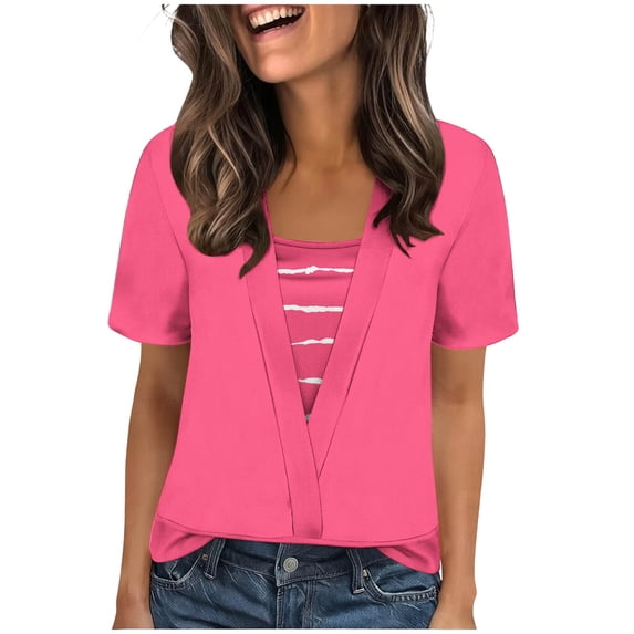 Womens Tops Under $10 Summer Tops for Women Polka Dots Print 2 in 1 Blouses Square Neck Short Sleeve T Shirts Casual Beach Vacation Shirt Hot Pink L