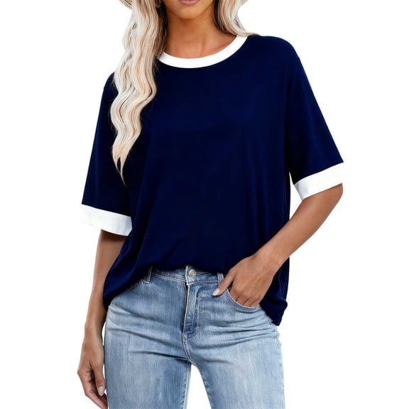 Womens Tops Under $10 Women Crew Neck Tops Blouse for Women Short Sleeve Loose Fit Plain Summer Fall Shirts 2025 Trendy Navy M
