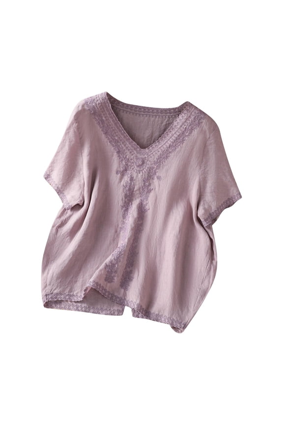 Womens Tops Under $10 - Women Embroidery Cotton Linen Shirt Female Summer Korean Fashion Trendy Elegant Casual V-Neck Blouse Purple XXL