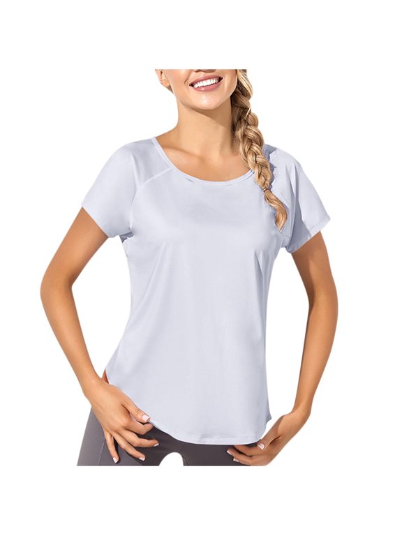 Womens Tops Under $10 Women's Breathable Mesh Patchwork Short Sleeve Shirts Running Yoga Fitness Quick Dry Elastic Tops White M