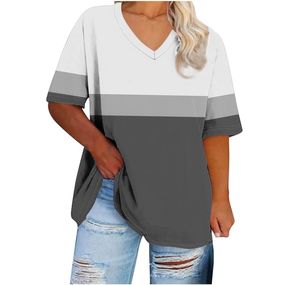 Womens Tops Under $10 Women's Color Block/Solid Tops Short Sleeve V Neck T Shirts Summer Casual Tees